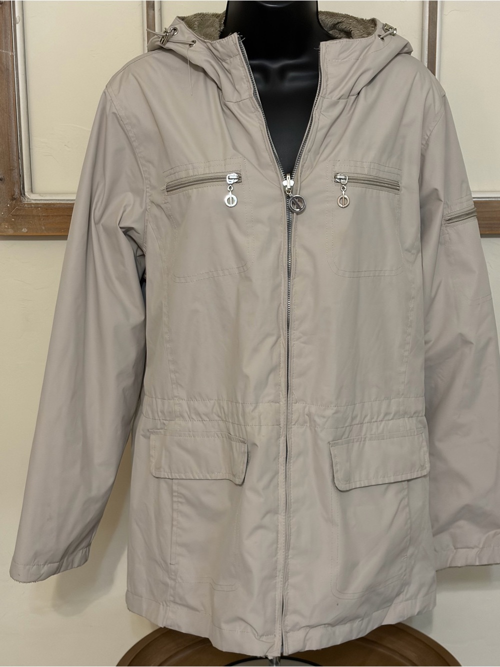 Free Country Women’s Reversible Jacket XL Taupe Plush Fleece Hooded Coat